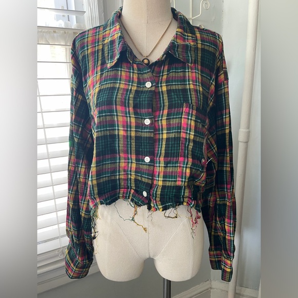 Savage X Fenty Tops - Savage X Fenty Cropped Raw Edge Plaid Button Down Shirt Blue Academia Size 1X